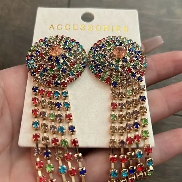 New Sphere Multi Rainbow Chandelier Dangle Arrow Fringe Sterling Silver Earrings - Picture 6 of 10